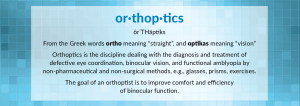 or·thop·tics ôrˈTHäptiks From the Greek words ortho meaning "straight", and optikas meaning "vision" Orthoptics is the discipline dealing with the diagnosis and treatment of defective eye coordination, binocular vision, and functional amblyopia by non-pharmaceutical and non-surgical methods, e.g., glasses, prisms, exercises. The goal of an orthoptist is to improve comfort and efficiency of binocular function.
